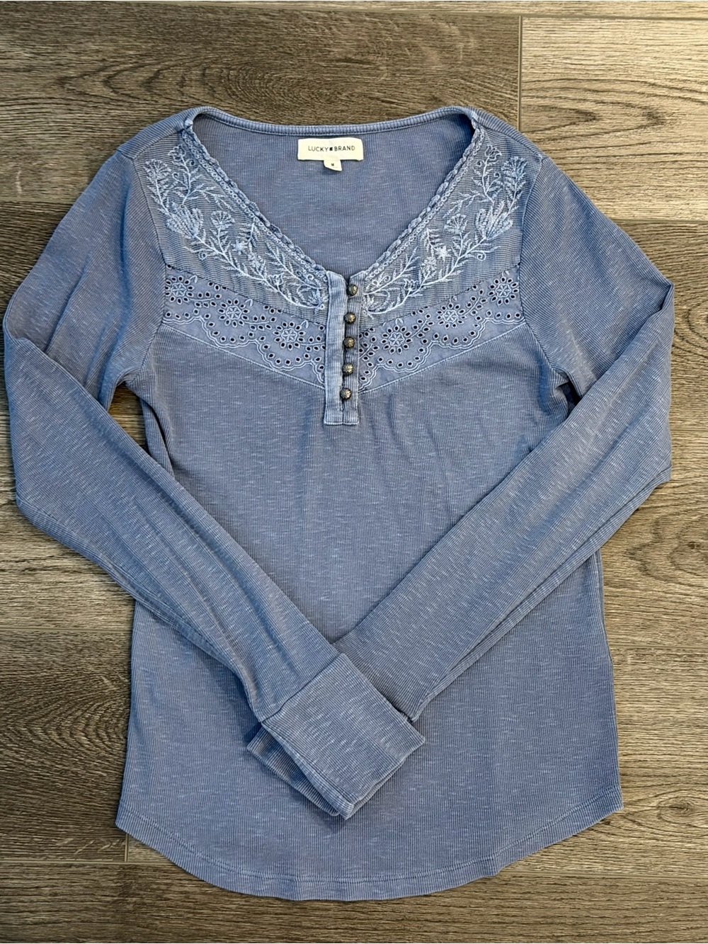 Lucky Brand • Blue Embroidered Henley Long-Sleeve Top